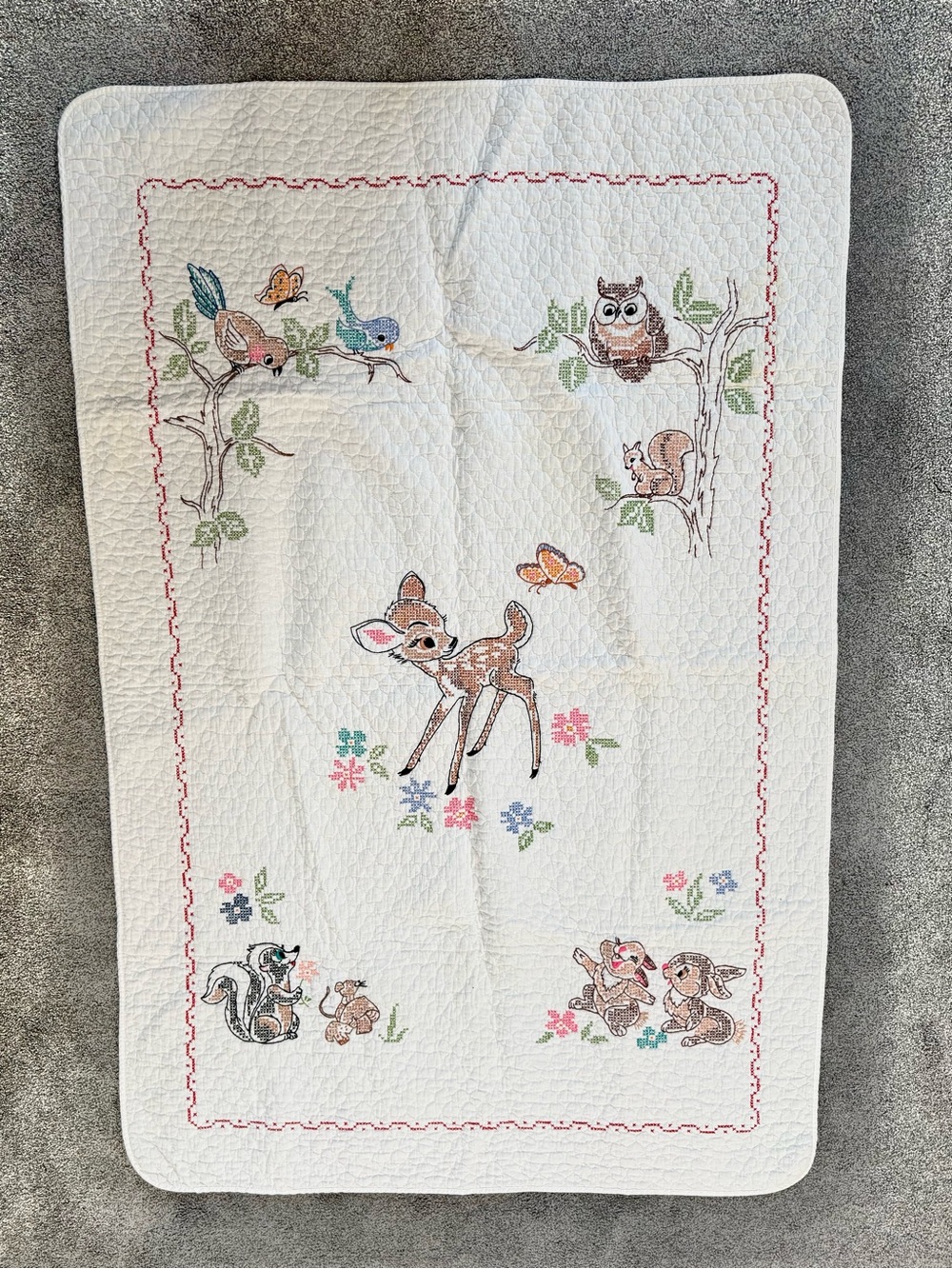 Vintage Disney Bambi cross-stitch quilted baby blanket 53”x35”